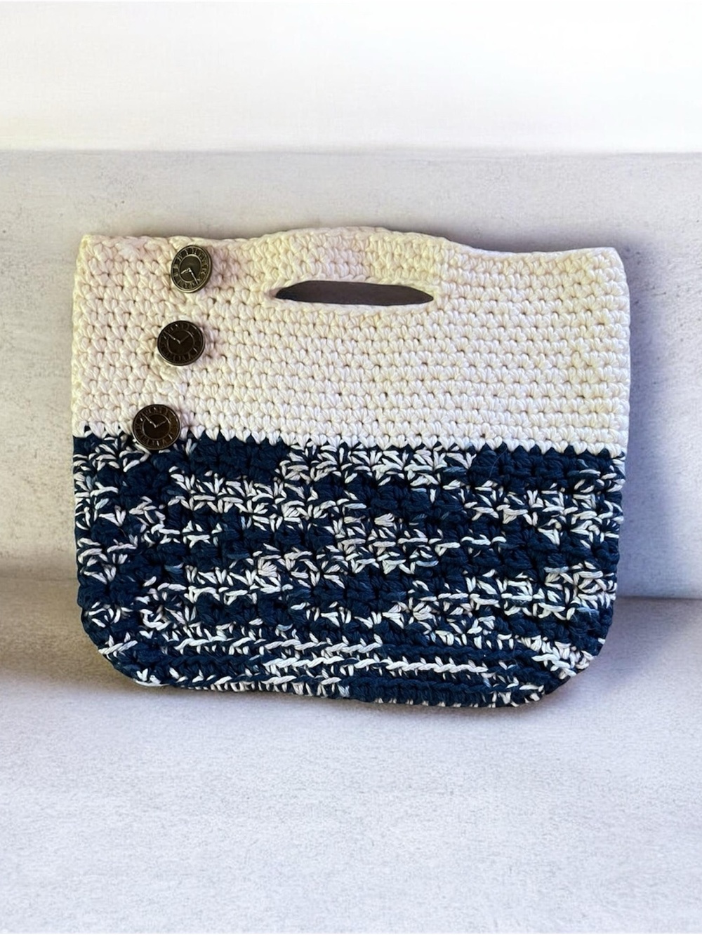 Handmade Two-Tone Crochet Tote Bag in Cream & Navy